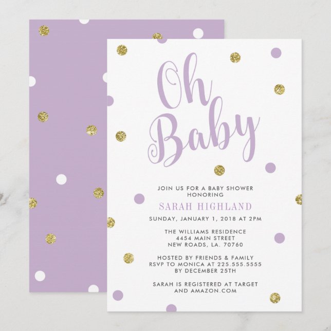 Purple & Gold Glitter Oh Baby Shower Invitation (Front/Back)