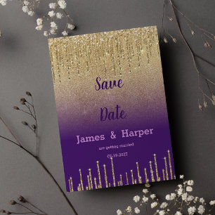 Purple gold glitter ombre drip scrip Save the Date Invitation