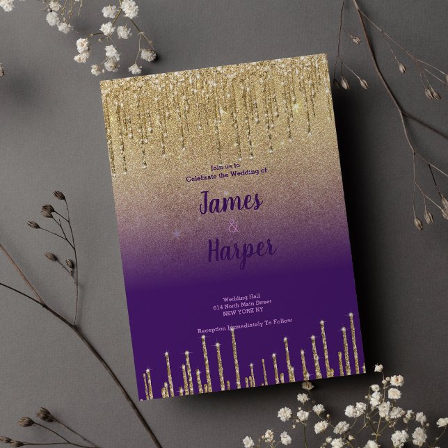 Purple gold glitter ombre drips script Wedding  Invitation (Purple gold glitter ombre drips script Wedding)