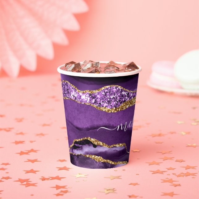 Purple Gold Glitter Paper Cups Custom Name Text (Insitu)