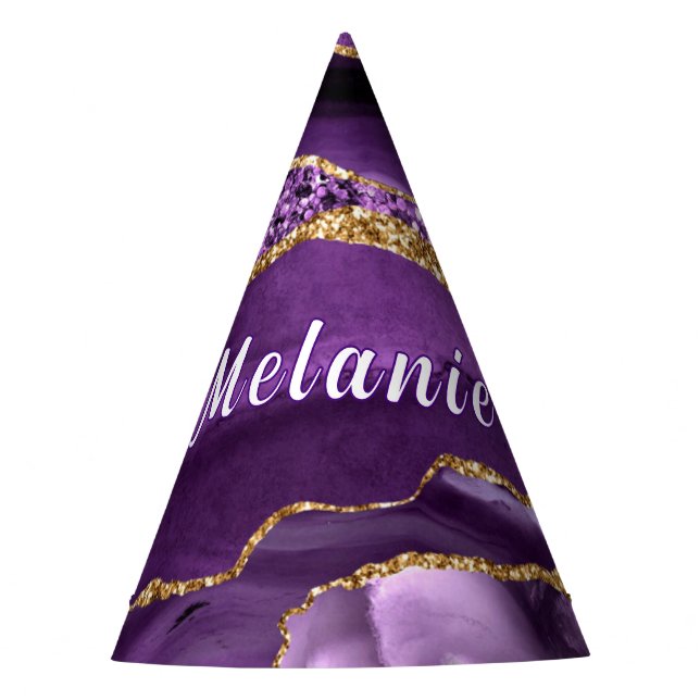 Purple Gold Glitter Party Hat with Custom Name (Front)