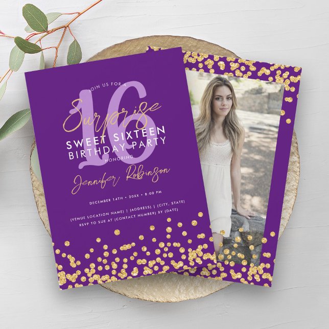Purple Gold Glitter Photo Surprise Sweet 16  Invitation (Purple Gold Glitter Photo Surprise Sweet 16 Invitation)