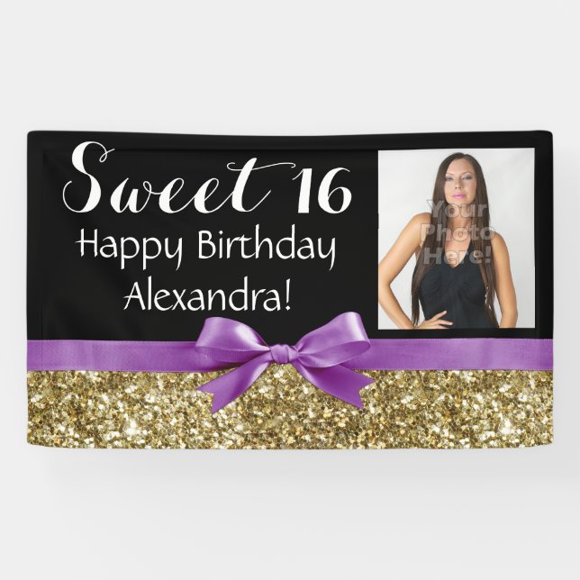 Purple Gold Glitter Photo Sweet 16 Birthday Party Banner (Horizontal)