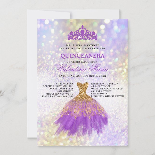 Purple Gold Glitter Quinceaneara Party Invitation (Front)