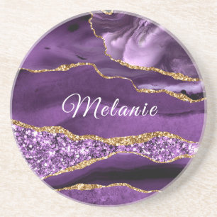 Purple Gold Glitter Round Coaster with Custom Name