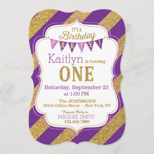 Purple Gold Glitter Sparkle First Birthday Invite