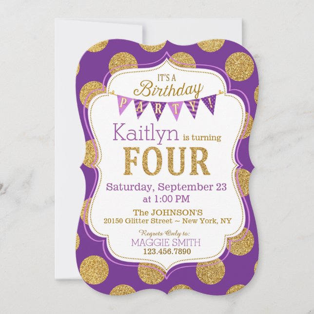 Purple Gold Glitter Sparkle Fourth Birthday Invite (Front)