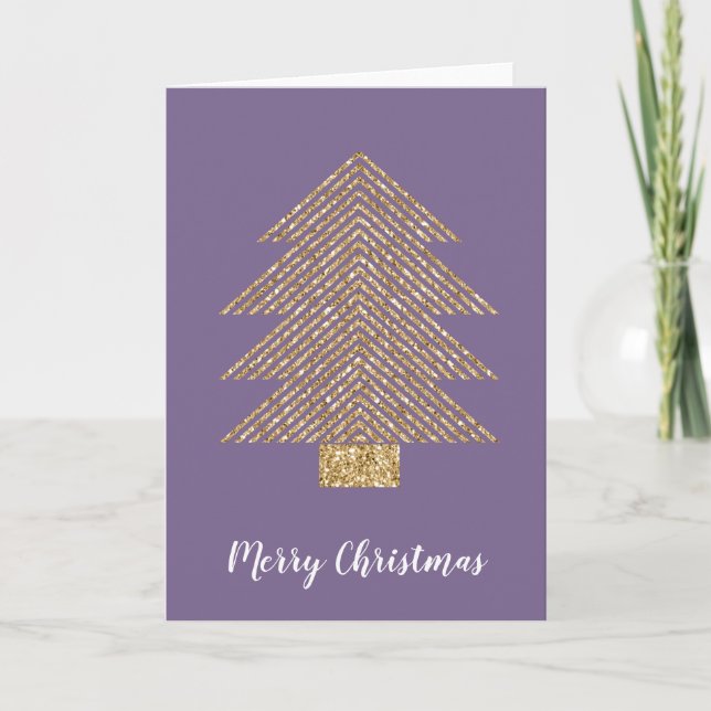 Purple Gold Glitter Stripes Christmas Tree Card (Front)