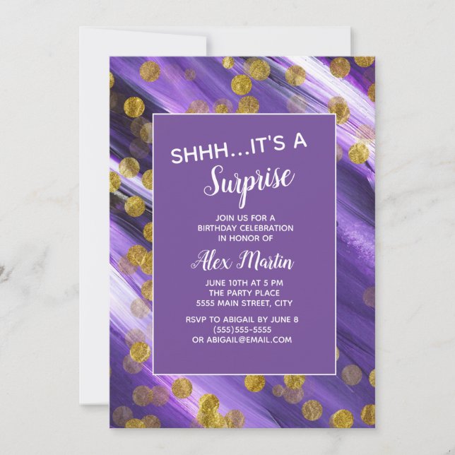Purple Gold Glitter Surprise Birthday Party Invitation (Front)