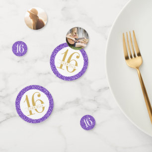 Purple Gold Glitter Sweet 16 Name and Photo Confetti