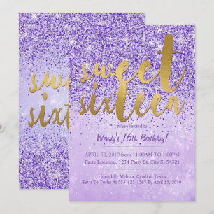 Purple & Gold Glitter Sweet 16 Party Invitations