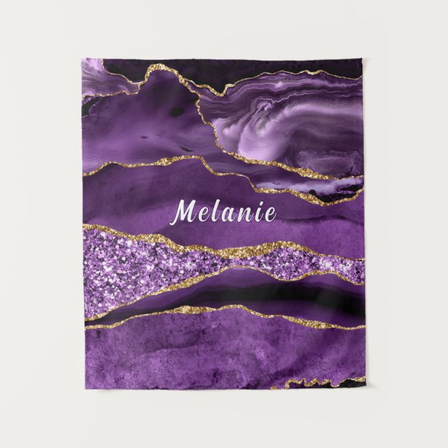 Purple Gold Glitter Tapestry with Custom Name (Front)