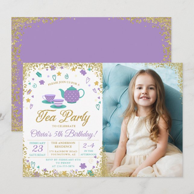 Purple Gold Glitter Tea Party Girls Birthday Photo Invitation (Front/Back)