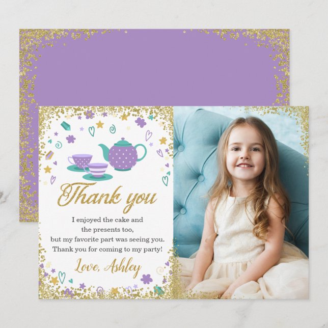 Purple Gold Glitter Tea Party Girls Birthday Photo Thank You Card (Front/Back)