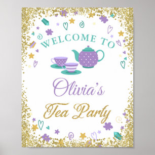 Purple Gold Glitter Tea Party Welcome Sign