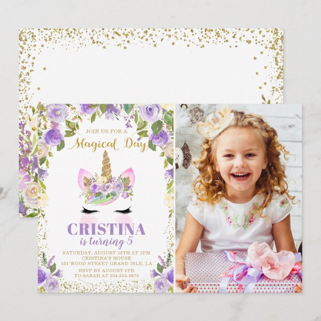 Purple Gold Glitter Unicorn Floral Photo Birthday Invitation (Front/Back)