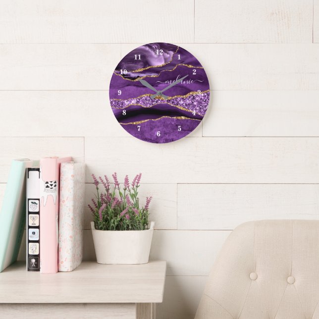 Purple Gold Glitter Wall Clock Personalised Name (Reading Room)