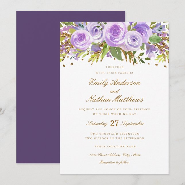 Purple Gold Glitter Watercolor Floral Rose Wedding Invitation (Front/Back)