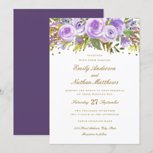 Purple Gold Glitter Watercolor Floral Rose Wedding Invitation