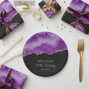 Purple Gold Glitter Watercolor Marble Paper Plate