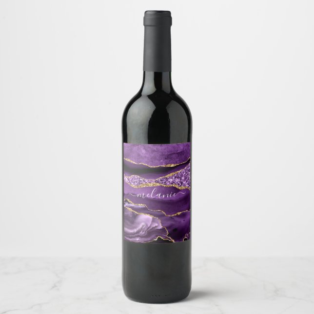 Purple Gold Glitter Wine Bottle Label Custom Name (Front)