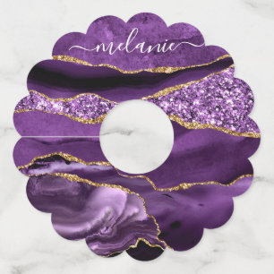 Purple Gold Glitter Wine Glass Tag and Custom Name