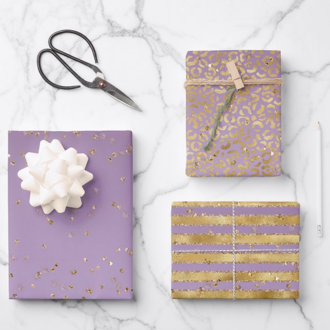 Purple Gold Glitz Sparkle Stripes Leopard      Wrapping Paper Sheet (Front)