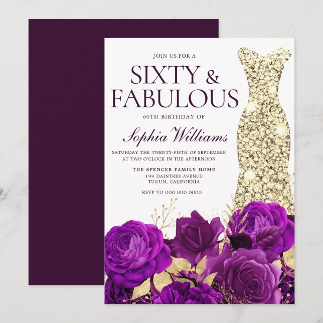 Purple & Gold Gown 60th Birthday Party Invitation (Front/Back)