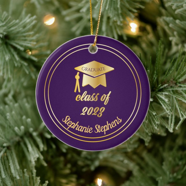 Purple Gold Graduate Cap Graduation 2023 Photo  Ceramic Tree Decoration (Tree)