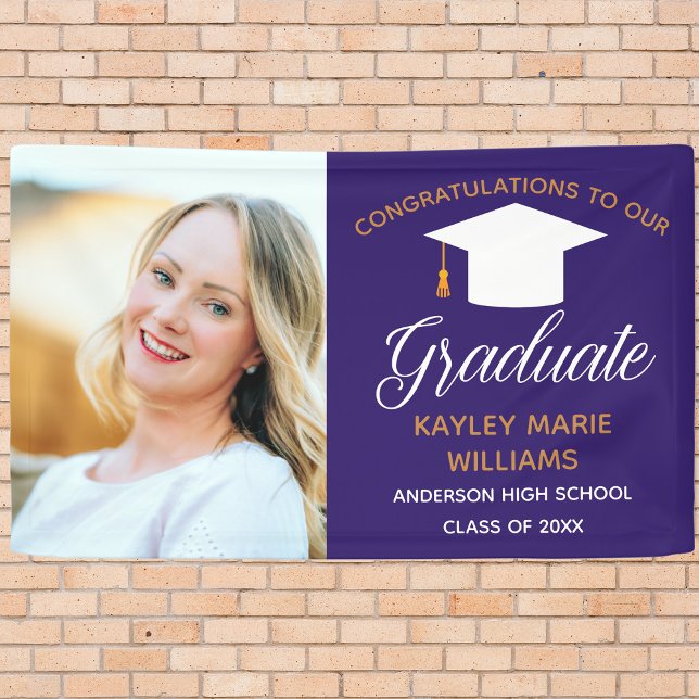 Purple Gold Graduate Senior Photo Graduation Party Banner (Creator Uploaded)