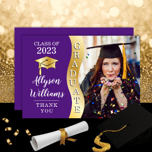 Purple   Gold Graduate Wave Grad Cap Photo Thank You Card