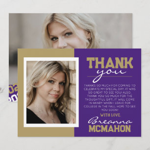 Purple & Gold Graduation 2 Photo Thank You Card