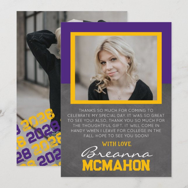 Purple & Gold Graduation 2 Photo Thank You Card (Front/Back)