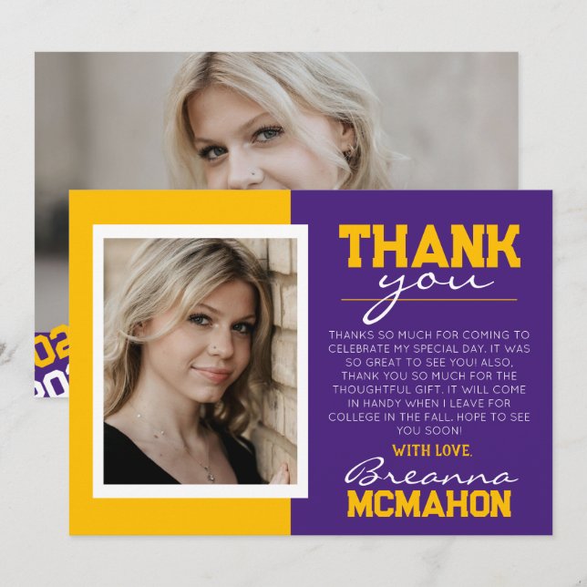 Purple & Gold Graduation 2  Photo Thank You Card (Front/Back)