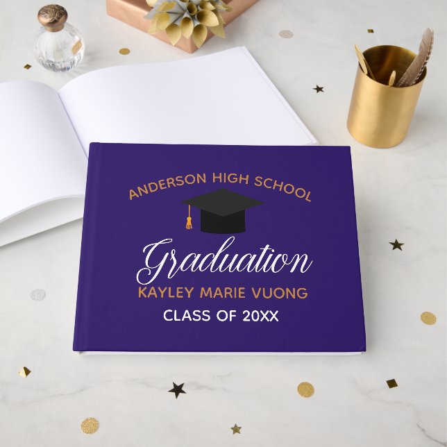 Purple Gold Graduation Autograph Keepsake 2025 Guest Book (Front Open)
