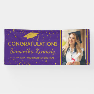 Purple Gold Graduation Confetti Grad Cap Photo  Banner