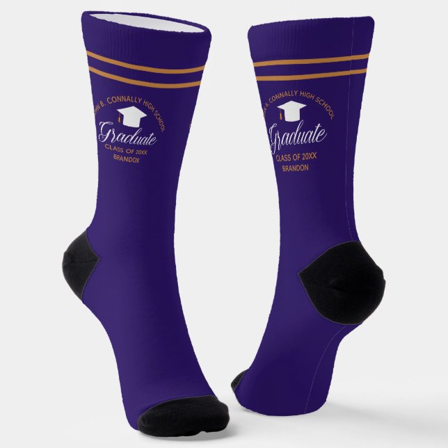 Purple Gold Graduation Custom 2025 Graduate Socks (Angled)