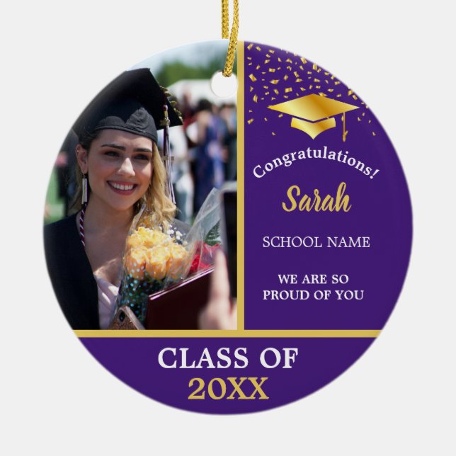 Purple Gold Graduation Custom Photo Class Of 2025 Ceramic Tree Decoration (Front)