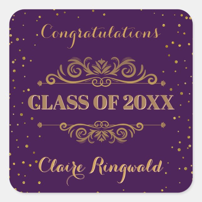Purple Gold Graduation Party Favour Congratulation Square Sticker (Front)