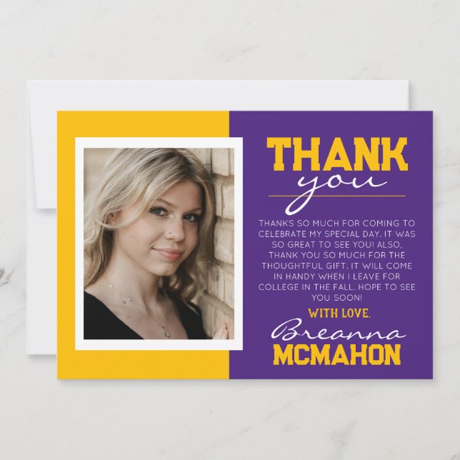 Purple & Gold Graduation Photo Thank You Card (Front)