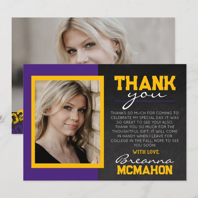 Purple & Gold Graduation Photo Thank You Card (Front/Back)
