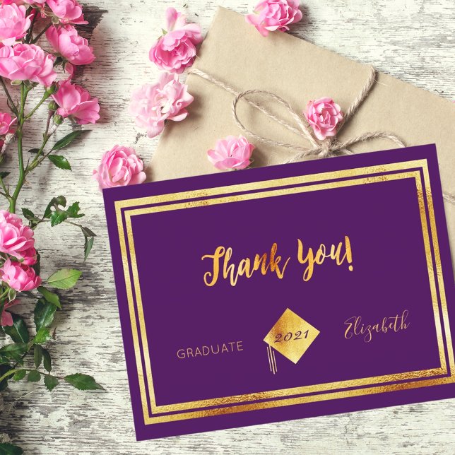 Purple gold graduation thank you card (Creator Uploaded)