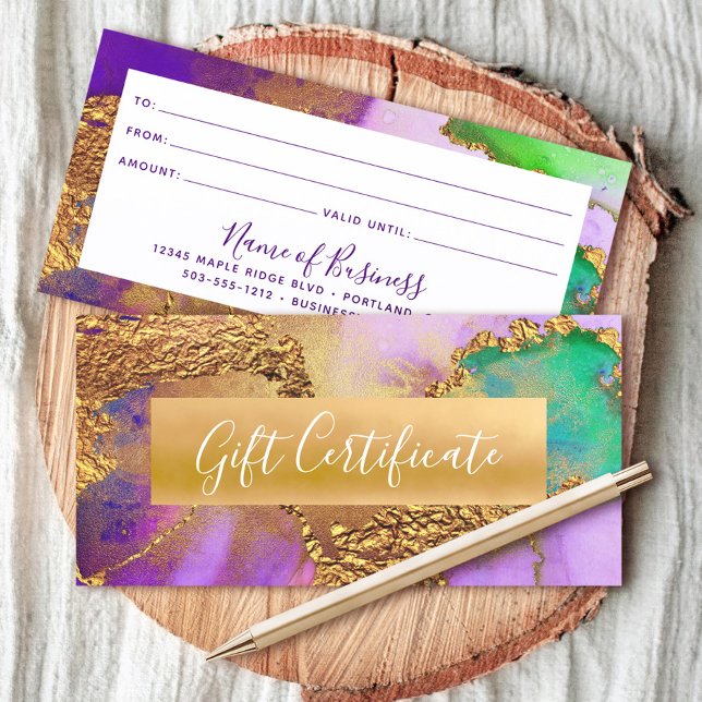 Purple Gold Green Aqua Watercolor Gift Certificate (Creator Uploaded)
