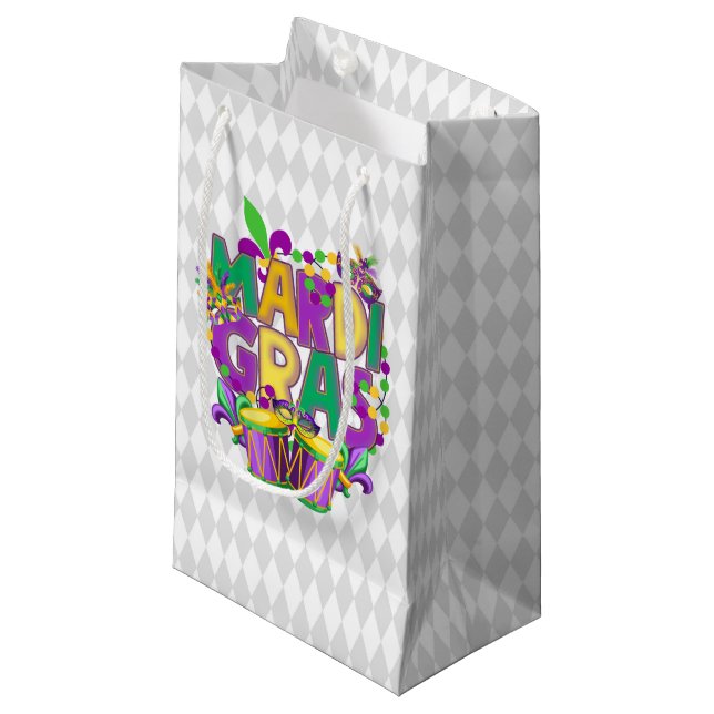 PURPLE GOLD GREEN HAPPY MARDI GRAS  SMALL GIFT BAG (Front Angled)
