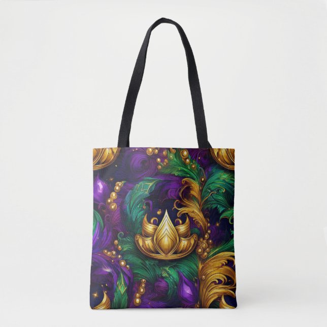 PURPLE GOLD GREEN MARDI GRAS CROWN & FEATHERS TOTE BAG (Front)