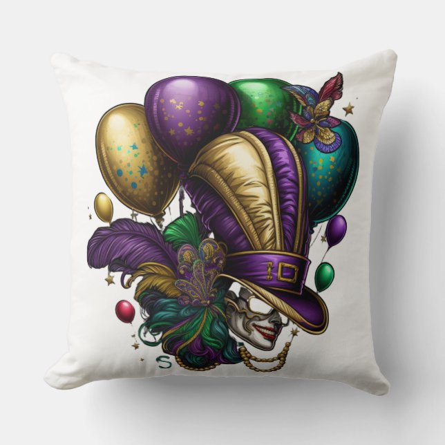 PURPLE GOLD GREEN MARDI GRAS HAT MASK BALLOONS CUSHION (Front)