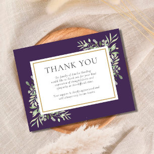 Purple Gold Greenery Funeral Memorial Thank You Card