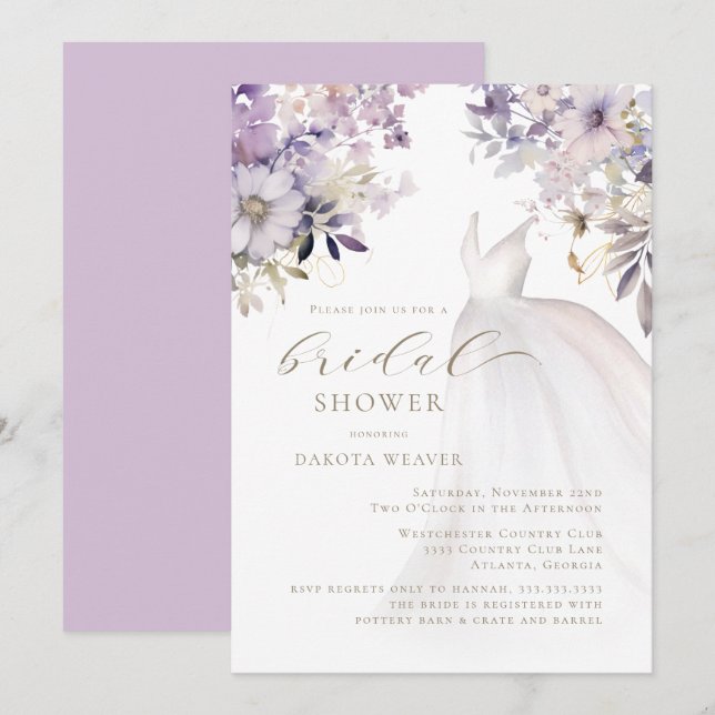 Purple Gold Greenery Wedding Dress Bridal Shower Invitation (Front/Back)
