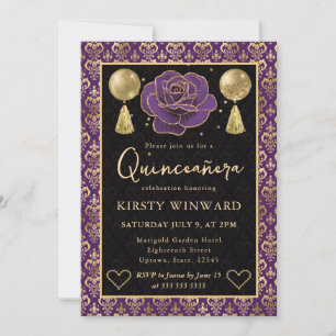 Purple & Gold Heart Damask & Rose Quinceanera Invitation