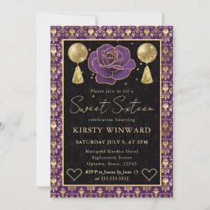 Purple & Gold Heart Damask & Rose Sweet 16 Invitation